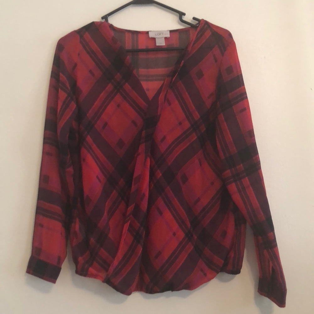 LOFT Sheer Plaid Ruffle Top